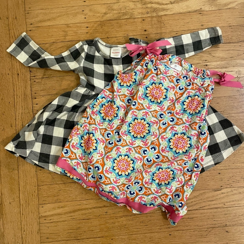 Hanna Andersson Colorful Patterned Dress and Black Checkered Dress Set